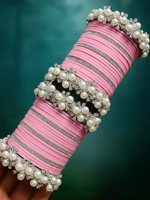 BeautyTrends Set Of 50 Silver-Plated Stone Studded & Beaded Bangle