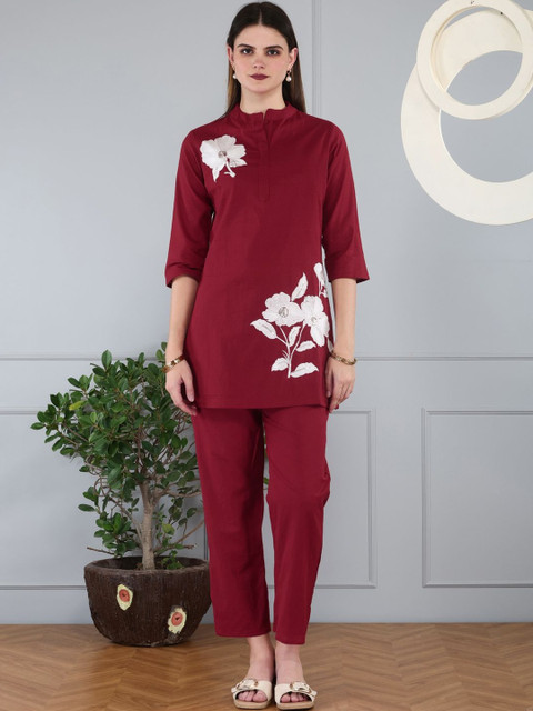 Anouk Cotton Fabric Embroidered Shirt Collar Maroon Co-ord Set
