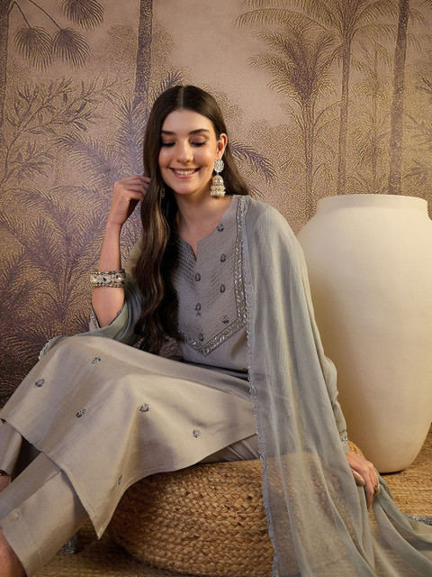 Sangria Embroidered Round Neck Kurta & Trousers With Dupatta