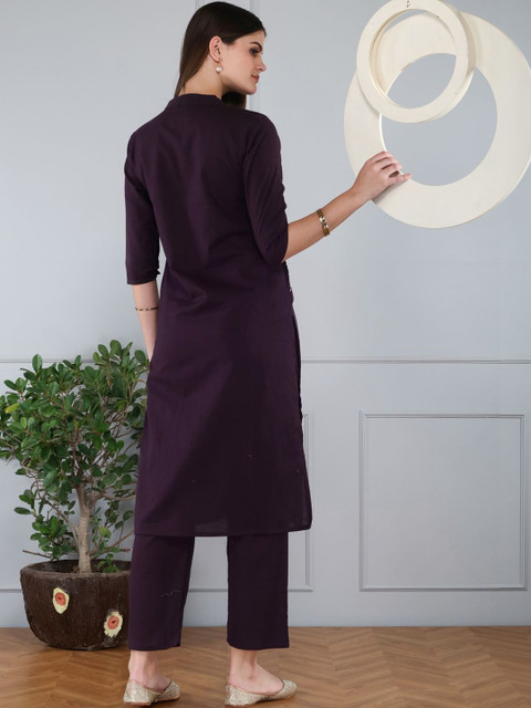 Anouk Cotton Fabric Hand Work V-neck Burgundy Co-ord Set - Image 2