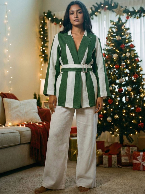 dhaaga Striped Linen Notched Lapel Single-Breasted Blazer