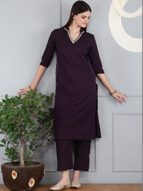 Anouk Cotton Fabric Hand Work V-neck Burgundy Co-ord Set - Image 6