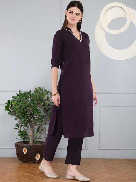 Anouk Cotton Fabric Hand Work V-neck Burgundy Co-ord Set