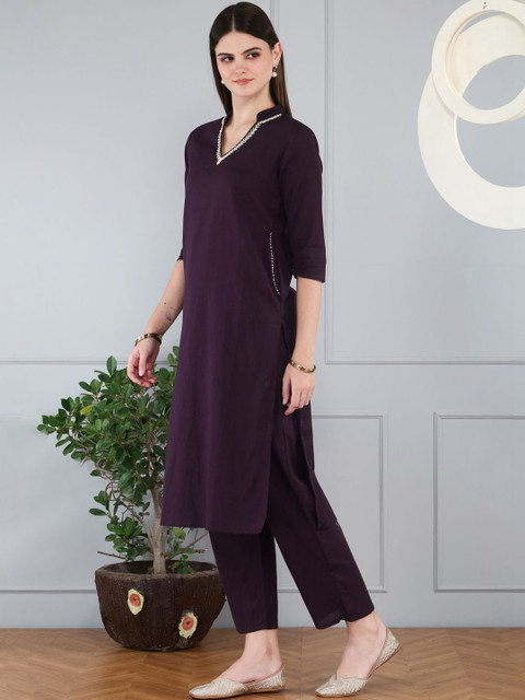 Anouk Cotton Fabric Hand Work V-neck Burgundy Co-ord Set - Image 7