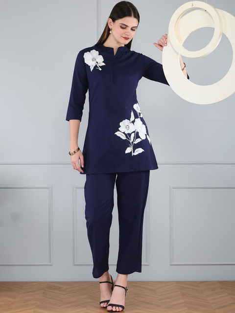 Anouk Cotton Fabric Embroidered Shirt Collar Navy Blue Co-ord Set