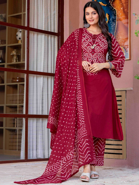Pistaa Women Bandhani Printed Regular Pure Cotton Kurta with Trousers & With Dupatta