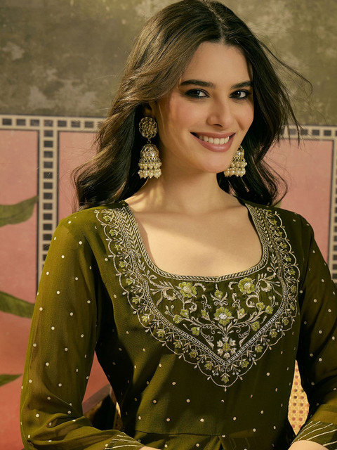 Sangria Embroidered A-Line Kurta With Skirt - Image 2