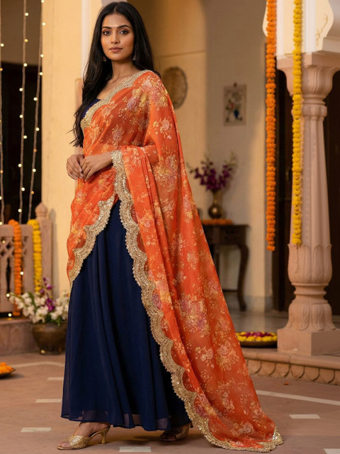 Kaizen TEXO FAB Ethnic Motifs Printed Organza Dupatta with Sequinned