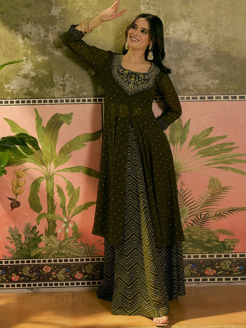 Sangria Embroidered A-Line Kurta With Skirt - Image 3