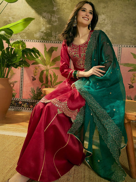 Sangria Embroidered A-Line Kurta With Palazzo & Dupatta