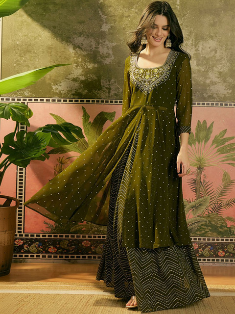 Sangria Embroidered A-Line Kurta With Skirt - Image 7