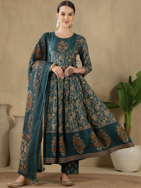 GUDWEARS Women Floral Printed Panelled Pure Cotton Kurta with Trousers & With Dupatta