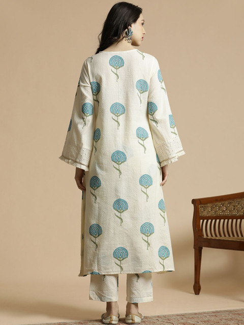 Anouk Women Floral Printed Regular Thread Work Pure Cotton Kurta with Trousers - Image 6