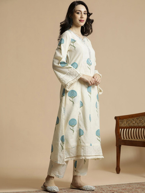 Anouk Women Floral Printed Regular Thread Work Pure Cotton Kurta with Trousers - Image 2