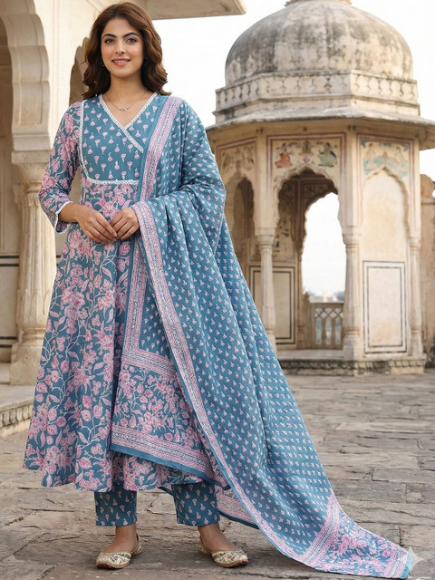 Anouk Women Floral Embroidered Regular Patchwork Pure Cotton Kurta with Trousers & With Dupatta