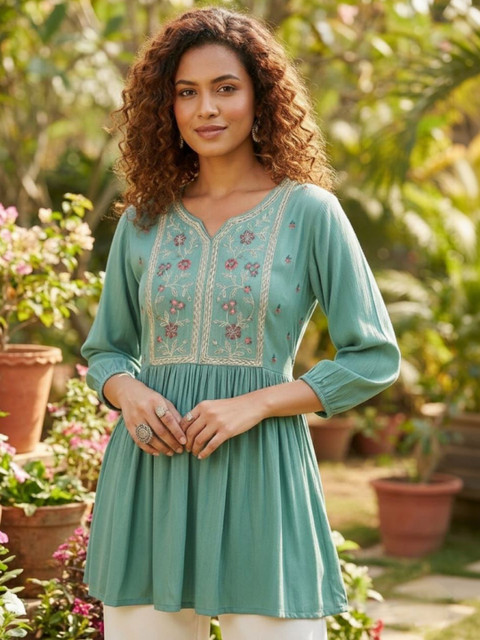 HERE&NOW Floral Embroidered V-Neck Thread Work Thread Work Empire Kurti