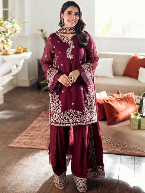 ELIINDRA Women Ethnic Motifs Embroidered Regular Thread Work Silk Crepe Kurta with Patiala & With Dupatta