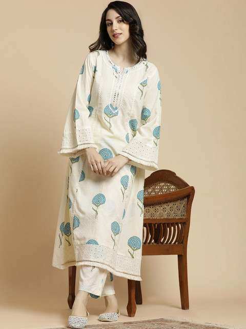 Anouk Women Floral Printed Regular Thread Work Pure Cotton Kurta with Trousers - Image 7