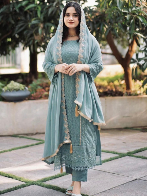 BlueRang Women Ethnic Motifs Embroidered Regular Thread Work Kurta with Trousers & With Dupatta