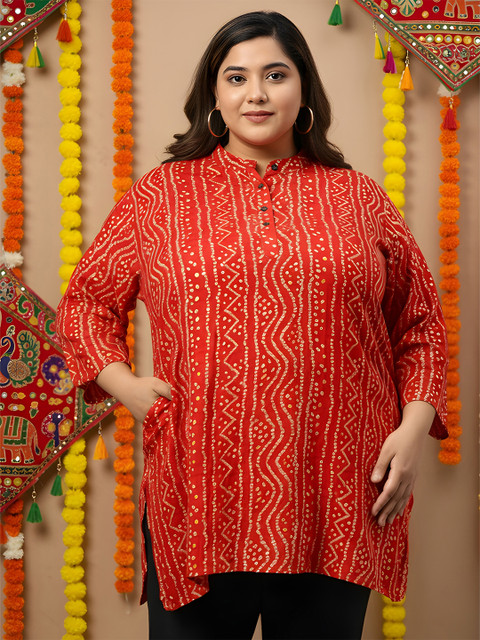 Indietoga Women Plus Size Red Bandhani Print Festival Wear Kurti