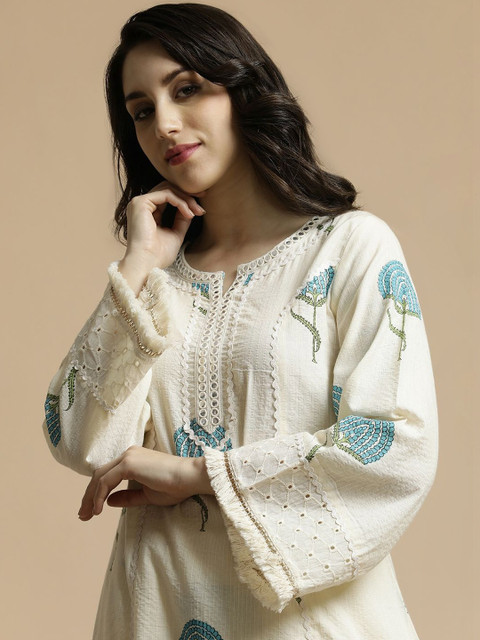 Anouk Women Floral Printed Regular Thread Work Pure Cotton Kurta with Trousers - Image 3