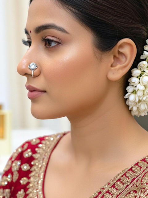 AccessHer Silver-Plated Artificial Stones and Beads Stud Nosepin - Image 2