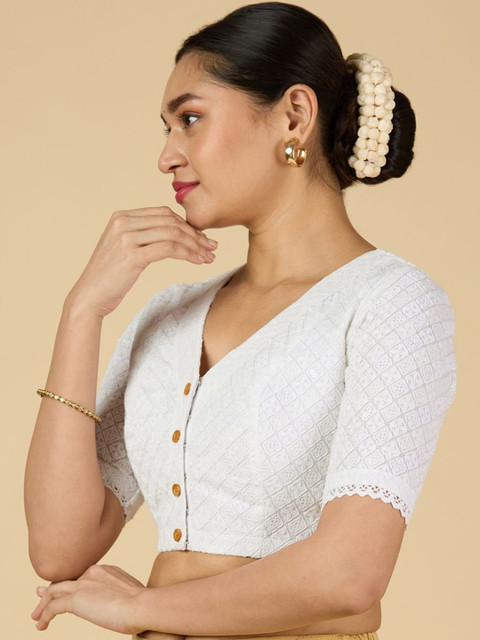 Studio Shringaar Embroidered Cotton V-Neck Saree Blouse