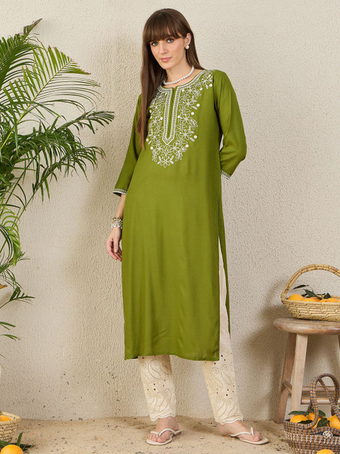 Indo Era Floral Embroidered Thread Work Round Neck Straight Kurta