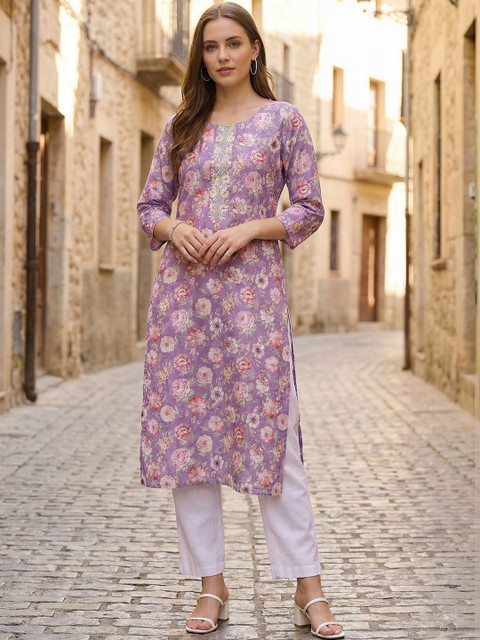 Indo Era Women Floral Printed Thread Work Kurta