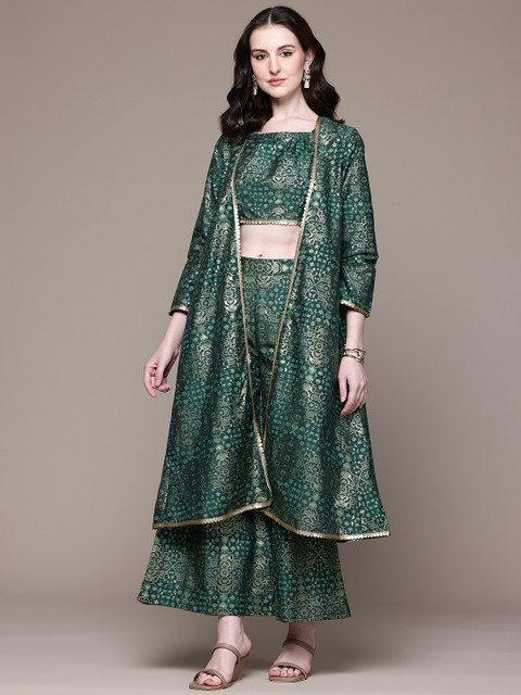 ZIYAA Printed Shoulder Straps Super Crop Top with Wide Leg Palazzos & Shrug