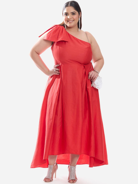 Virgio Solid Cotton One Shoulder Plus Size Midi Dress with Bow