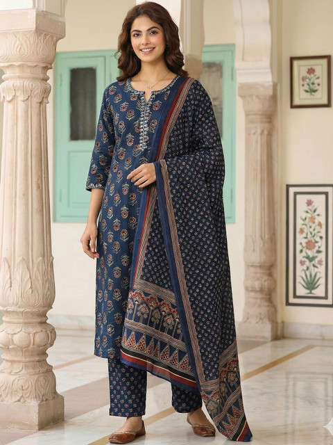 Anouk Women Ethnic Motifs Printed Regular Thread Work Pure Cotton Kurta with Trousers & With Dupatta