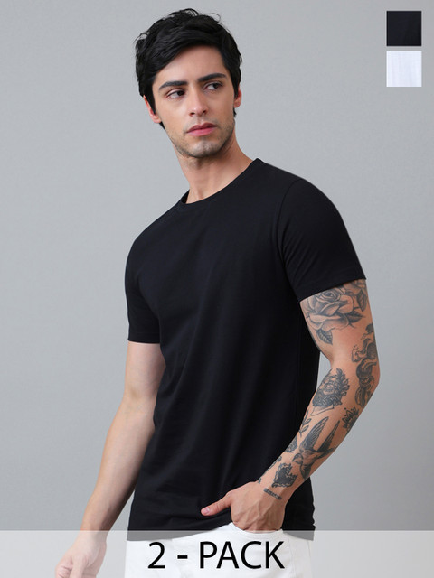 Free Authority Men Pack Of 2 Black & White Solid Pure Cotton T-shirt