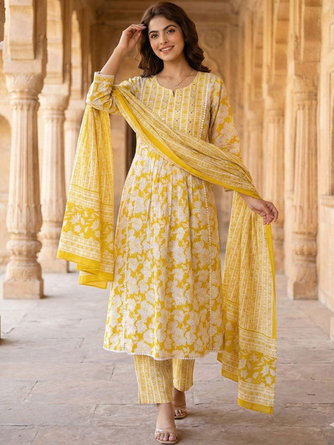 Anouk Women Floral Printed Panelled Pure Cotton Kurta with Trousers & With Dupatta