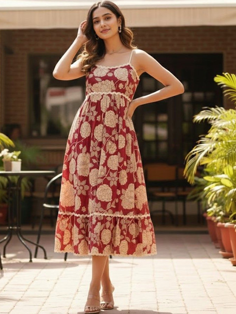 SZN Floral Printed Cotton Midi Flared Dress
