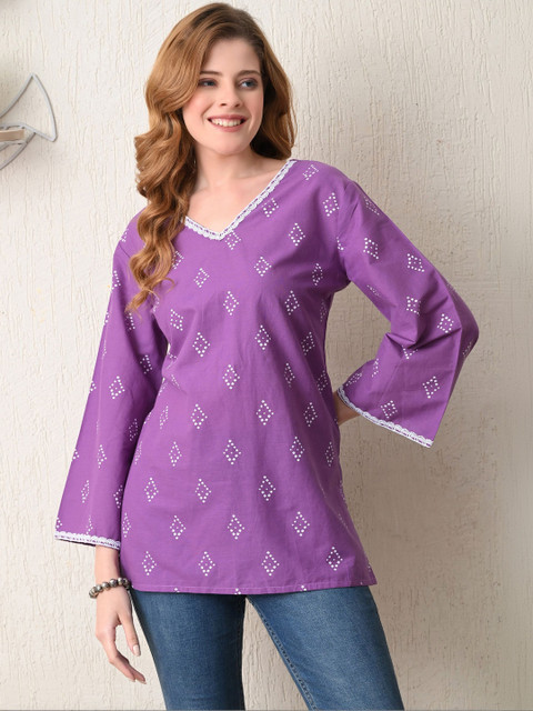 BKApparels Ethnic Motifs Printed V-Neck Pure Cotton Kurti