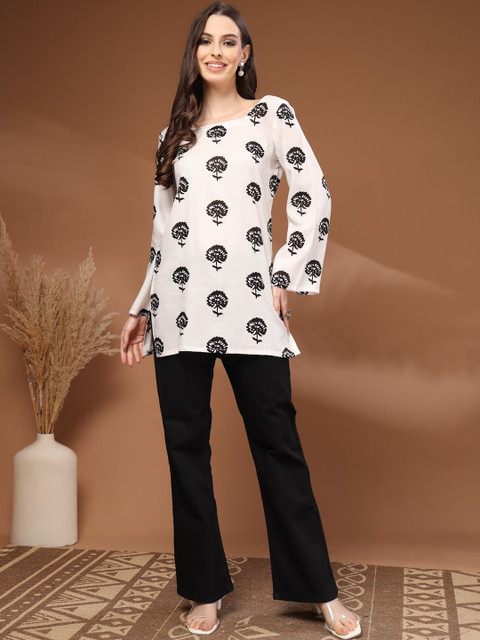 HERE&NOW Botanical Printed Square Neck Flared Sleeves Pure Cotton Kurti