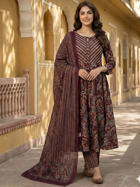 Anouk Women Floral Printed Panelled Pure Cotton Kurta with Trousers & With Dupatta