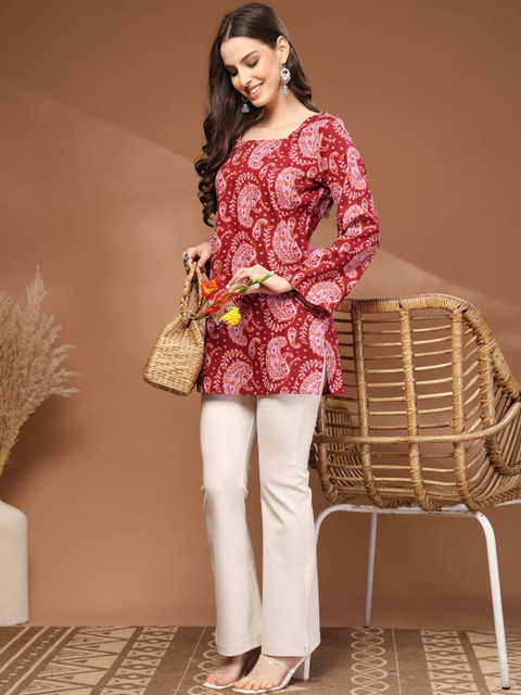 HERE&NOW Paisley Printed Square Neck Flared Sleeves Pure Cotton Kurti