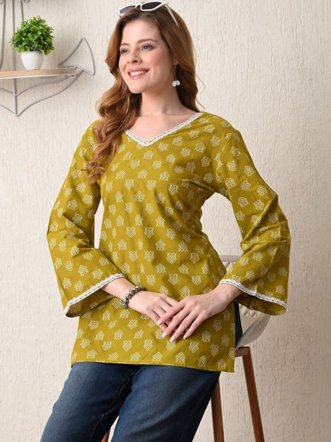 BKApparels Ethnic Motifs Printed V-Neck Pure Cotton Kurti