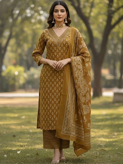 Nayo Women Ethnic Motifs Printed Regular Pure Cotton Kurta with Trousers & With Dupatta