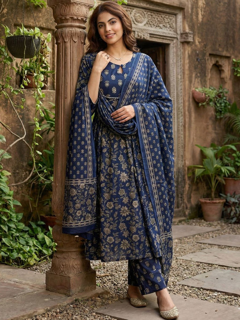 Anouk Women Floral Printed Panelled Pure Cotton Kurta with Trousers & With Dupatta