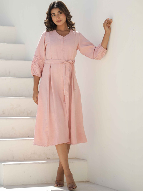 Meeranshi Floral Embroidered Puff Sleeve Linen A-Line Midi Dress