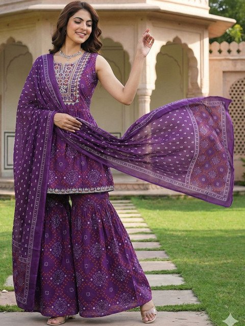 Anouk Women Ethnic Motifs Printed Empire Thread Work Pure Cotton Kurta with Sharara & With Dupatta