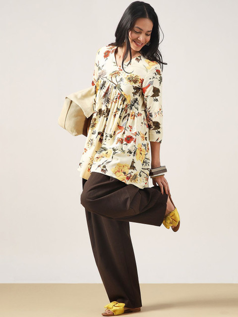 BKApparels Botanical Printed V-Neck Pure Cotton Empire Kurti