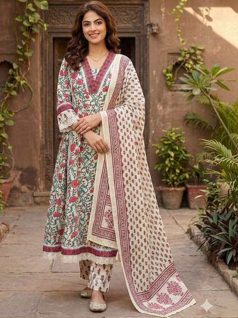Anouk Women Floral Printed Regular Pure Cotton Kurta with Trousers & With Dupatta