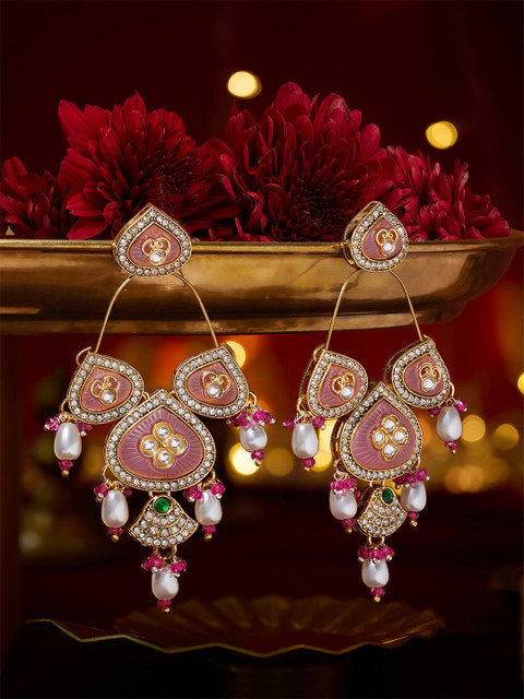 Zaveri Pearls Gold-Plated Stones Studded & Pearls Beaded Geometric Drop Earrings