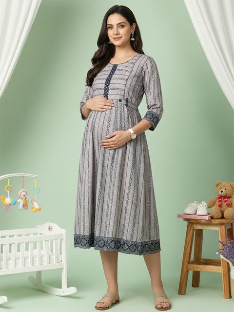 True Shape Striped Fit and Flare Pleated Maternity Dresses
