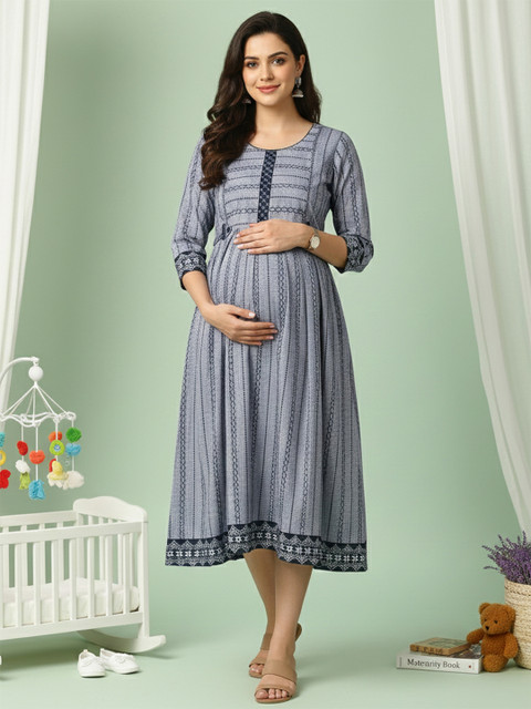 True Shape Striped Fit and Flare Pleated Maternity Dresses