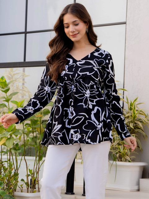 HERE&NOW Floral Printed V-Neck Pure Cotton Empire Kurti - Image 2
